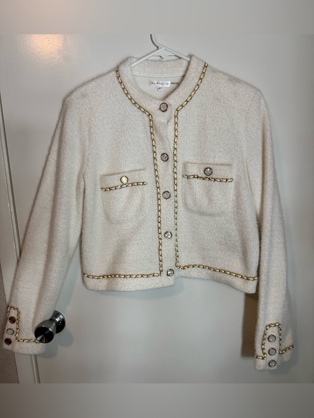 Tweed jacket cardigan gold chain trim size small